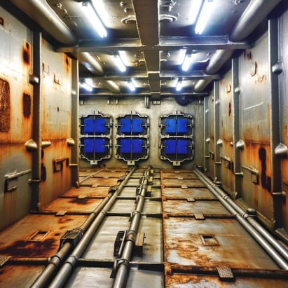 large cargo ship showing corrosion on freezer panels in interior of hull