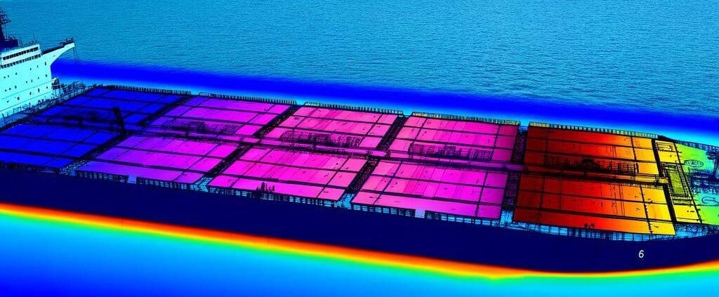 large cargo ship showing different heat signatures on deck and hull-1