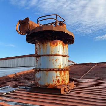 rusty heat exchanger on roof top of building